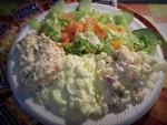 Cold Salad Plate: Chicken Salad, Tuna Salad, Egg Salad, Pasta Salad, Pasta and Tuna, and Potato Salad