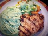 Grilled Chicken Breast w/Spaghetti in a Green Poblano sauce and Steamed Vegetables